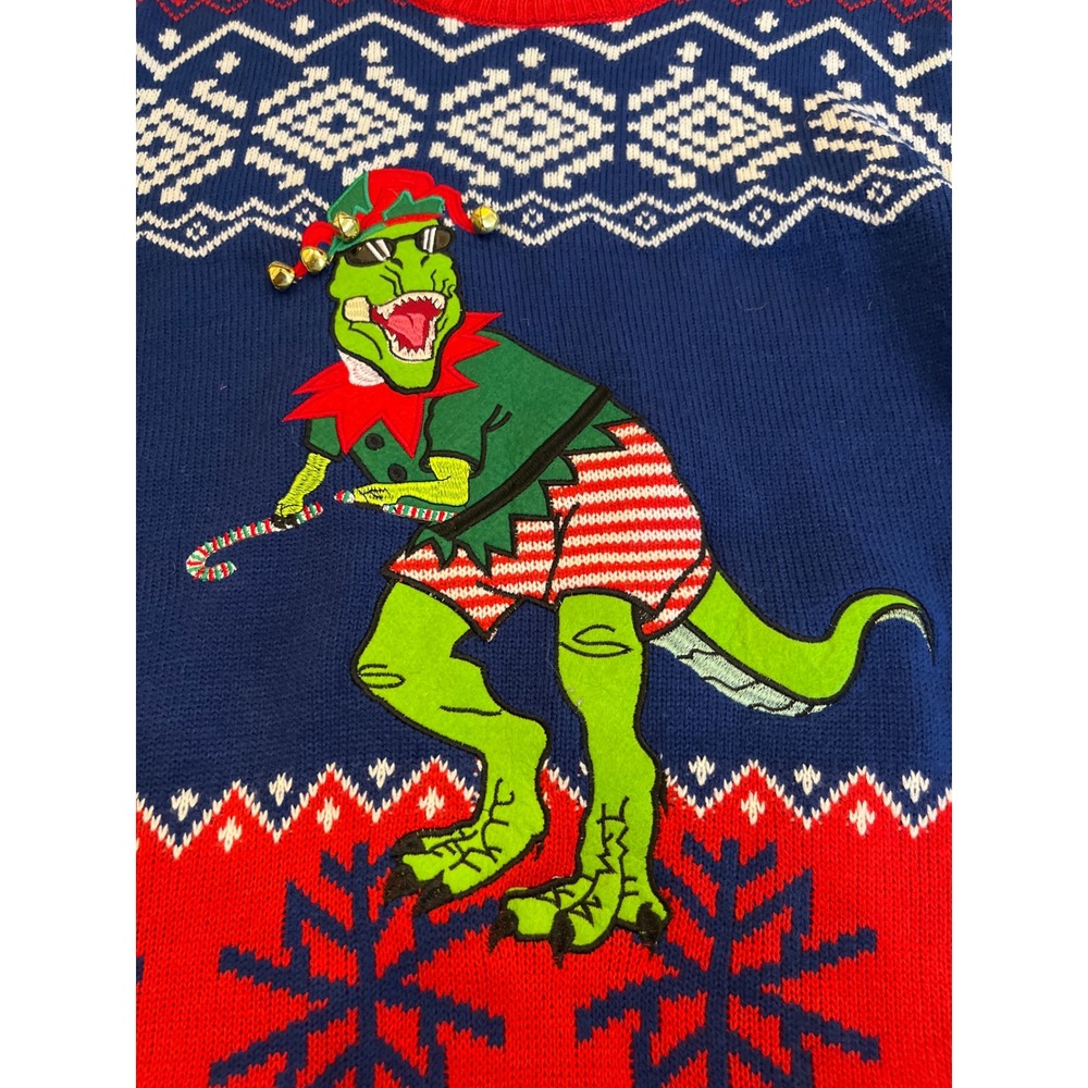 Blizzard Bay Mens‎ XL Ugly Christmas Sweater T-Rex Elf Jingle Bells Blue Red XL
